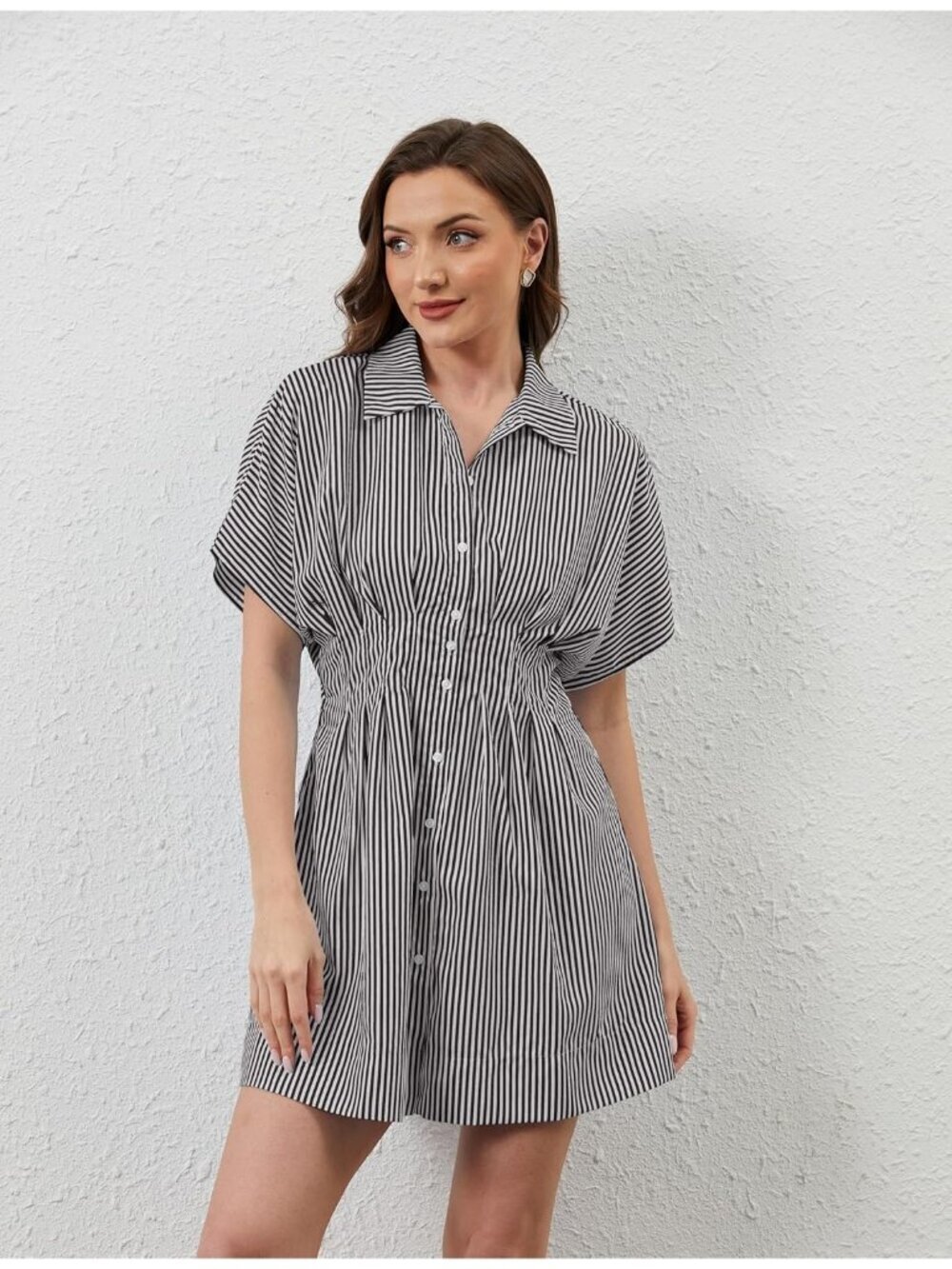 Women's Black Straps Down Pleated Shirt Striped Short Sleeve Casual Mini Dress - Picture 2 of 4